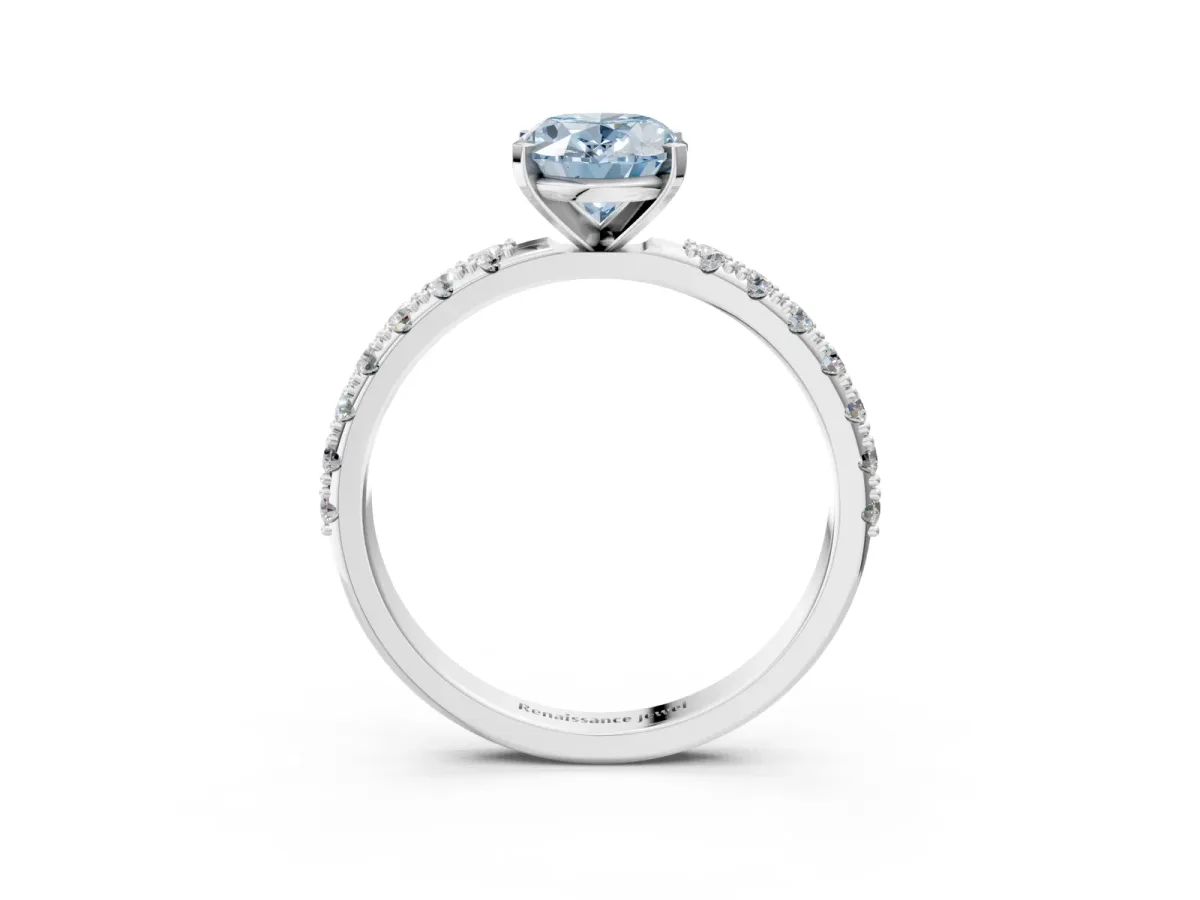 Fancy Blue Oval Cut Diamond Solitaire Pavé Band with Four-Prong Setting White gold