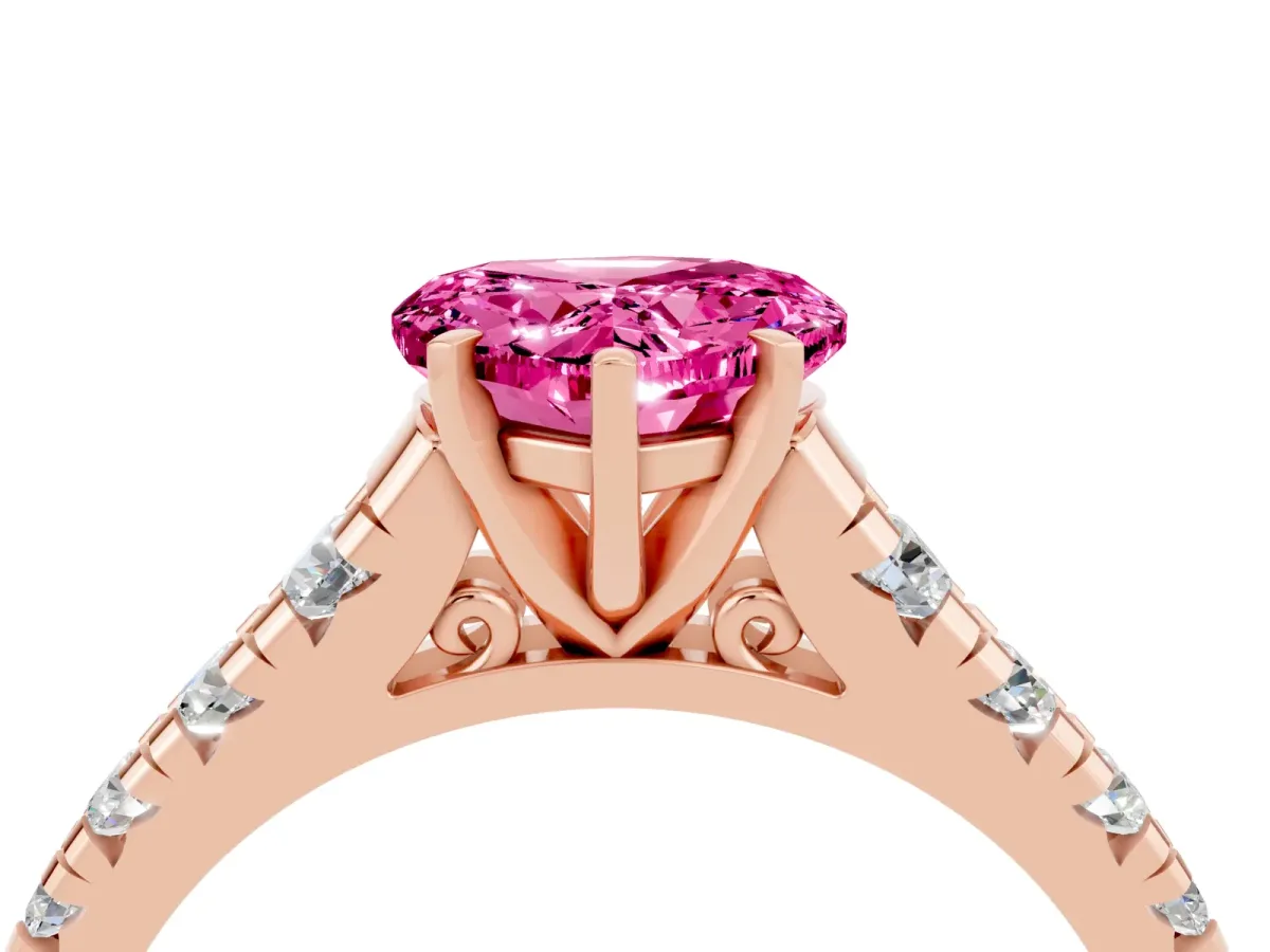 Heart Cut Pink Sapphire Cathedral Solitaire Ring with Round Pavé Band Rose gold