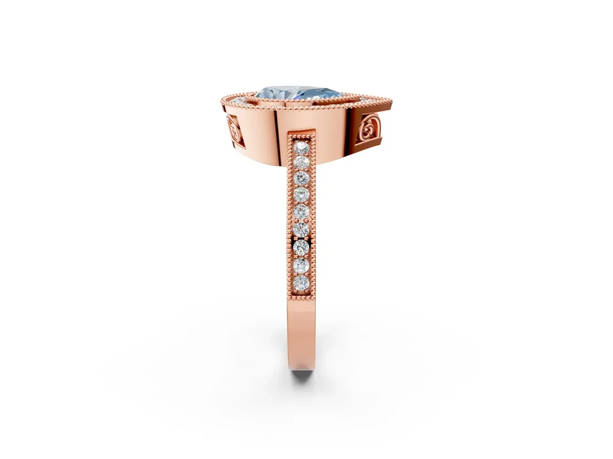 Fancy Blue Pear Cut Cut Halo Diamond Ring with Pavé Band and Milgrain Prong Setting Rose gold