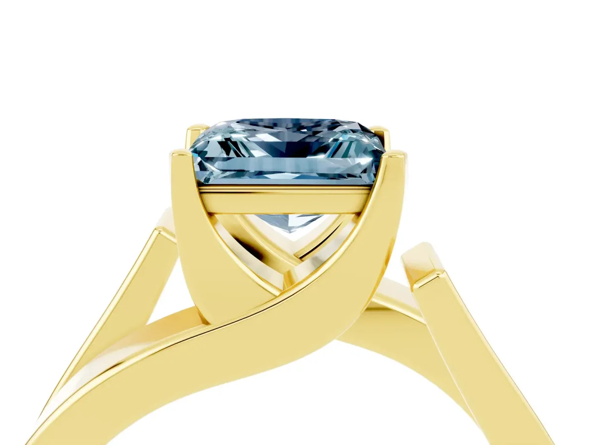 Modern Tension Set Princess Cut Aquamarine Solitaire Wide Band Ring Yellow gold
