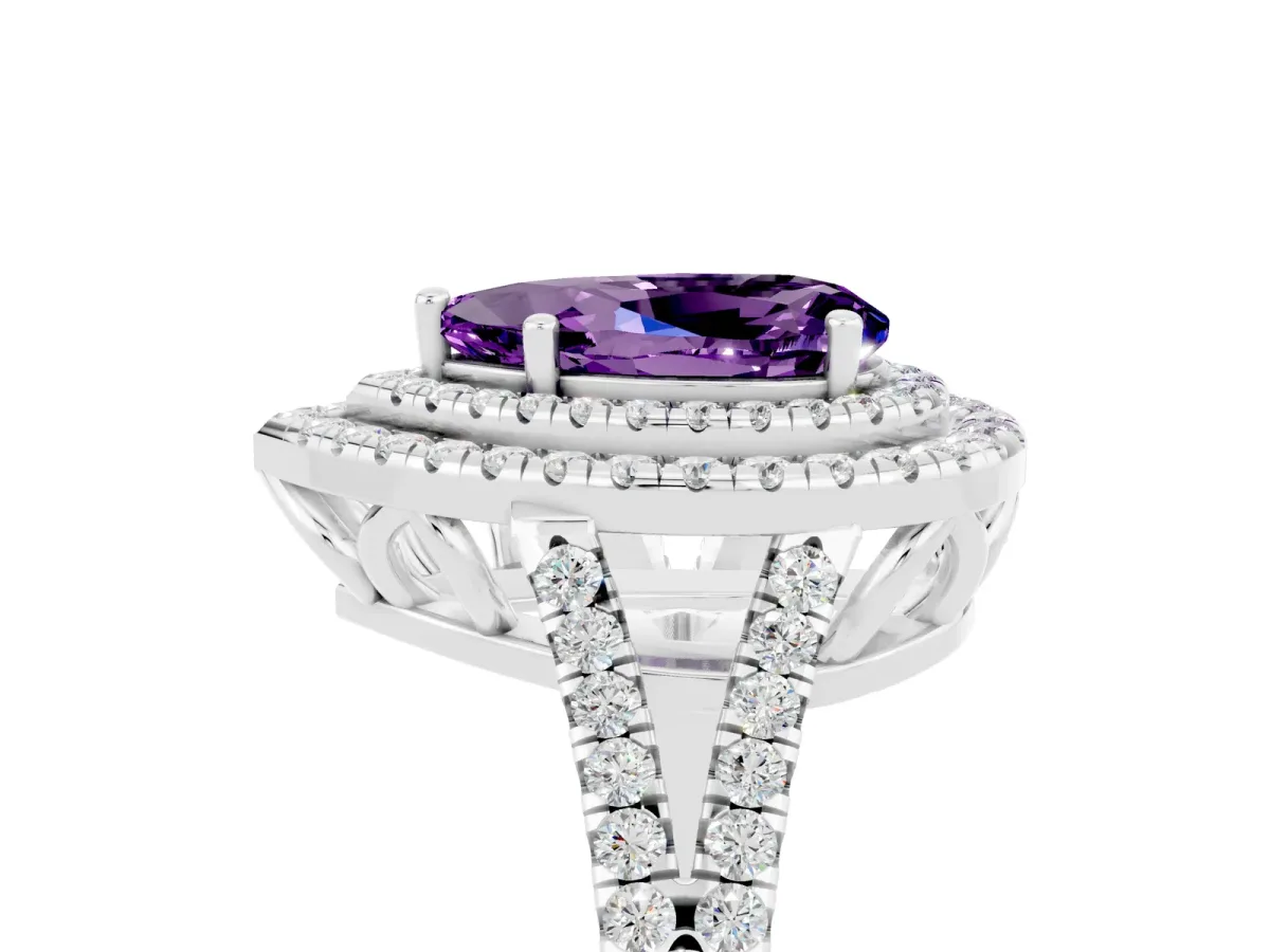 Pear Cut Amethyst Double Halo Ring with Pavé Band and Prong Setting Silver