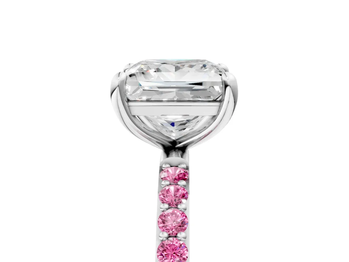 Princess Cut Diamond Solitaire Ring with Round Pink Sapphire Pavé Band and Prong Setting White gold