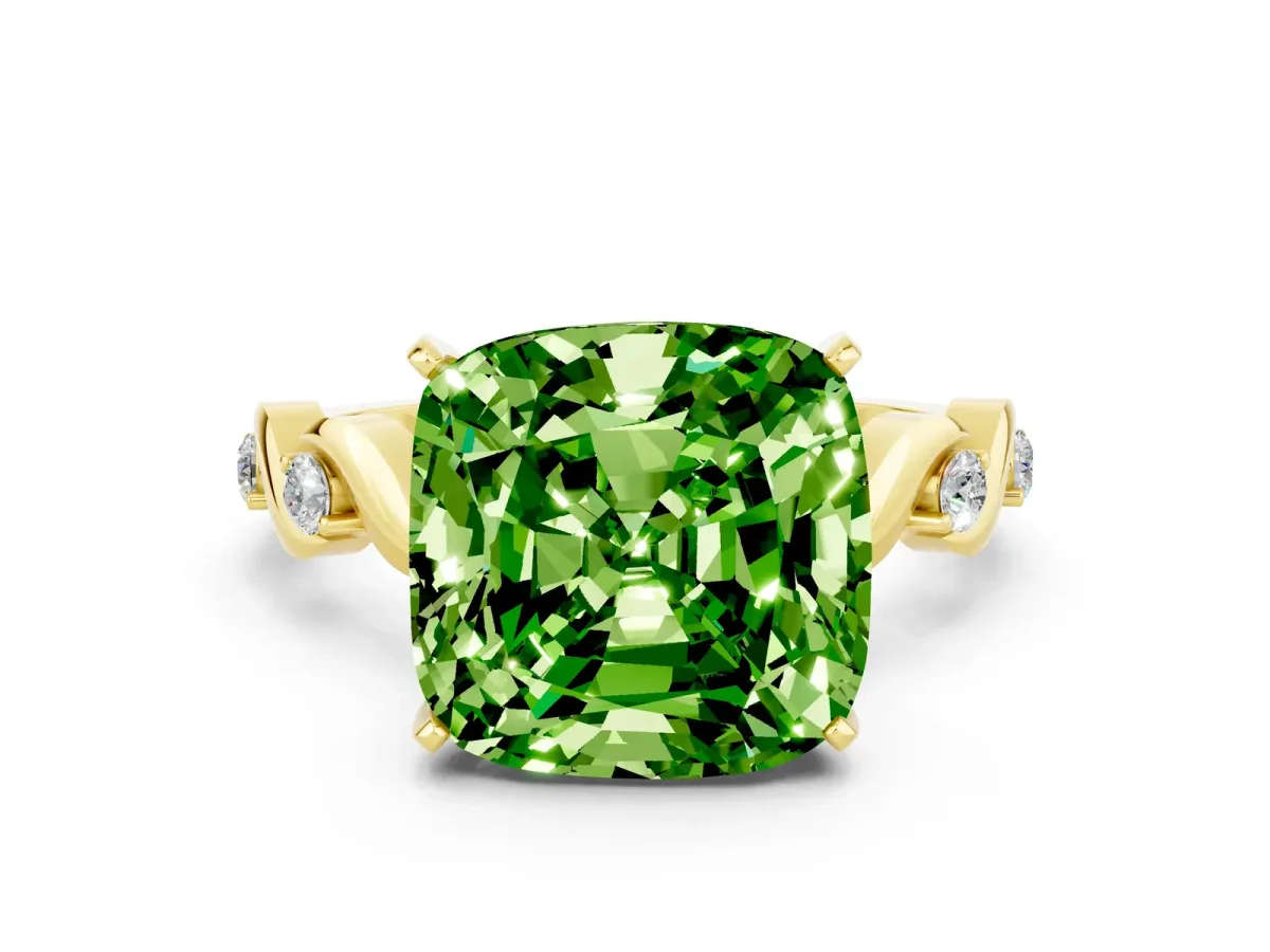 Cushion Cut Peridot Solitaire Twisted Band with Round Accents and Prong Setting Yellow gold