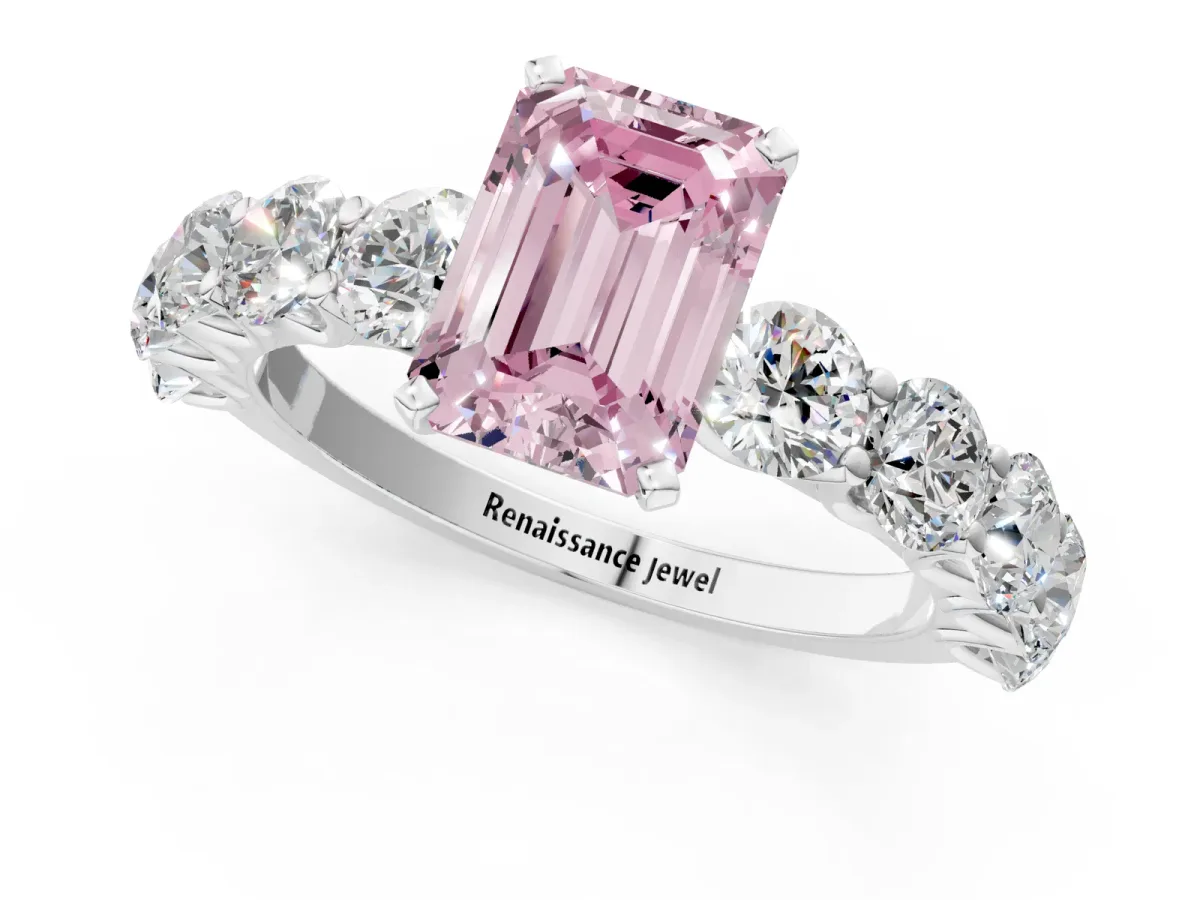 Fancy Pink Emerald Cut Diamond Prong Setting with Side Stones on a Pave Band Silver