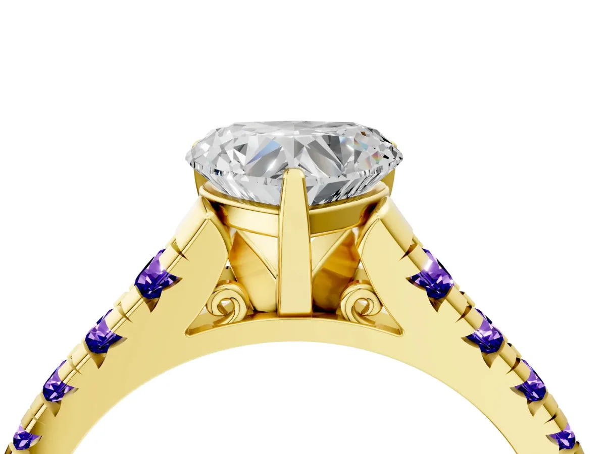 Heart Cut Diamond Cathedral Solitaire Ring with Round Tanzanite Pavé Band Yellow gold
