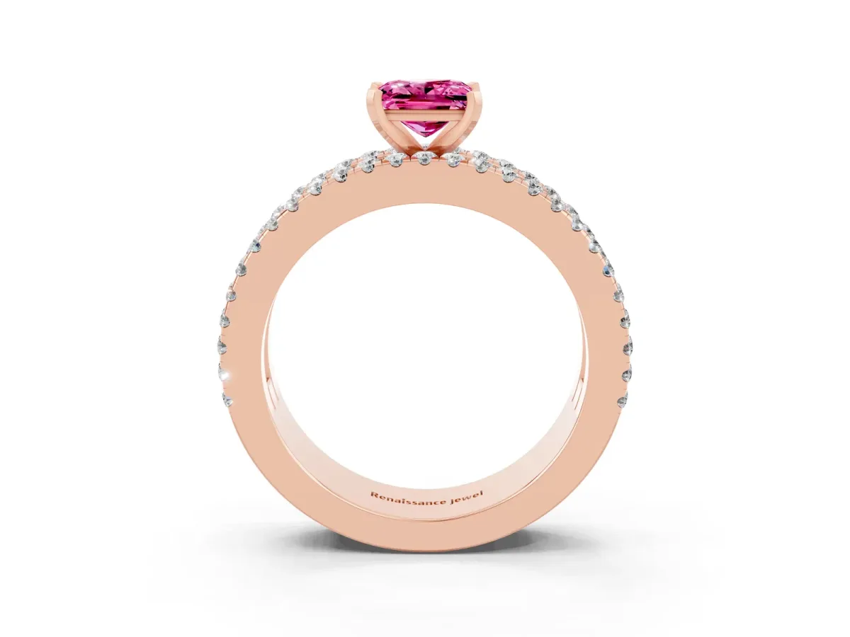 Princess Cut Pink Sapphire Solitaire Ring with Pavé and Channel Set Band Rose gold