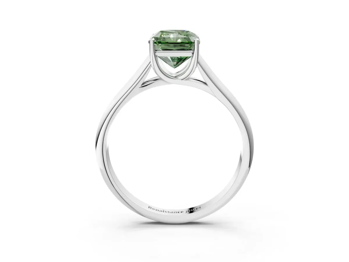 Fancy Green Radiant Cut Solitaire Engagement Ring with Tapered Band and Four-Prong Setting Platinum
