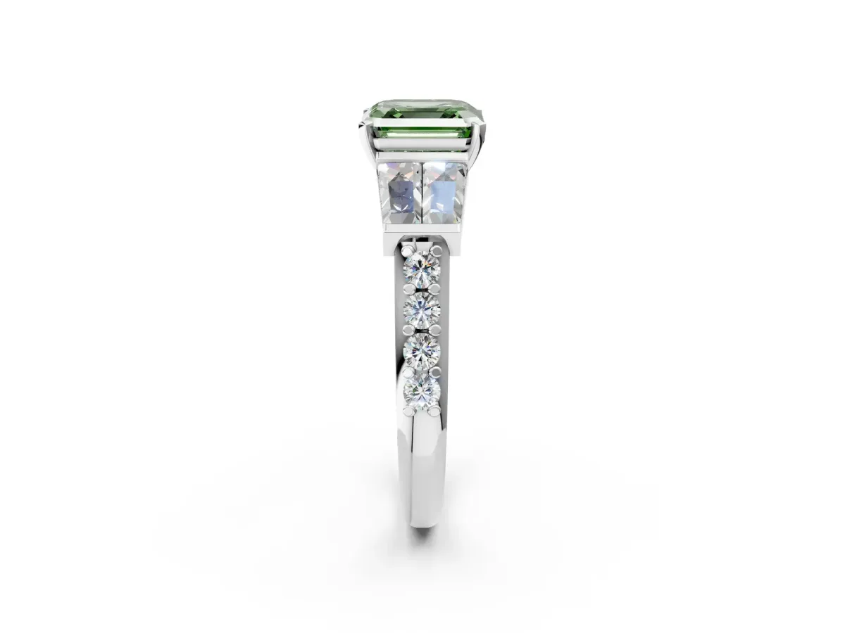 Fancy Green Asscher Cut Diamond Engagement Ring with Baguette Side Stones and Channel Set Band Platinum