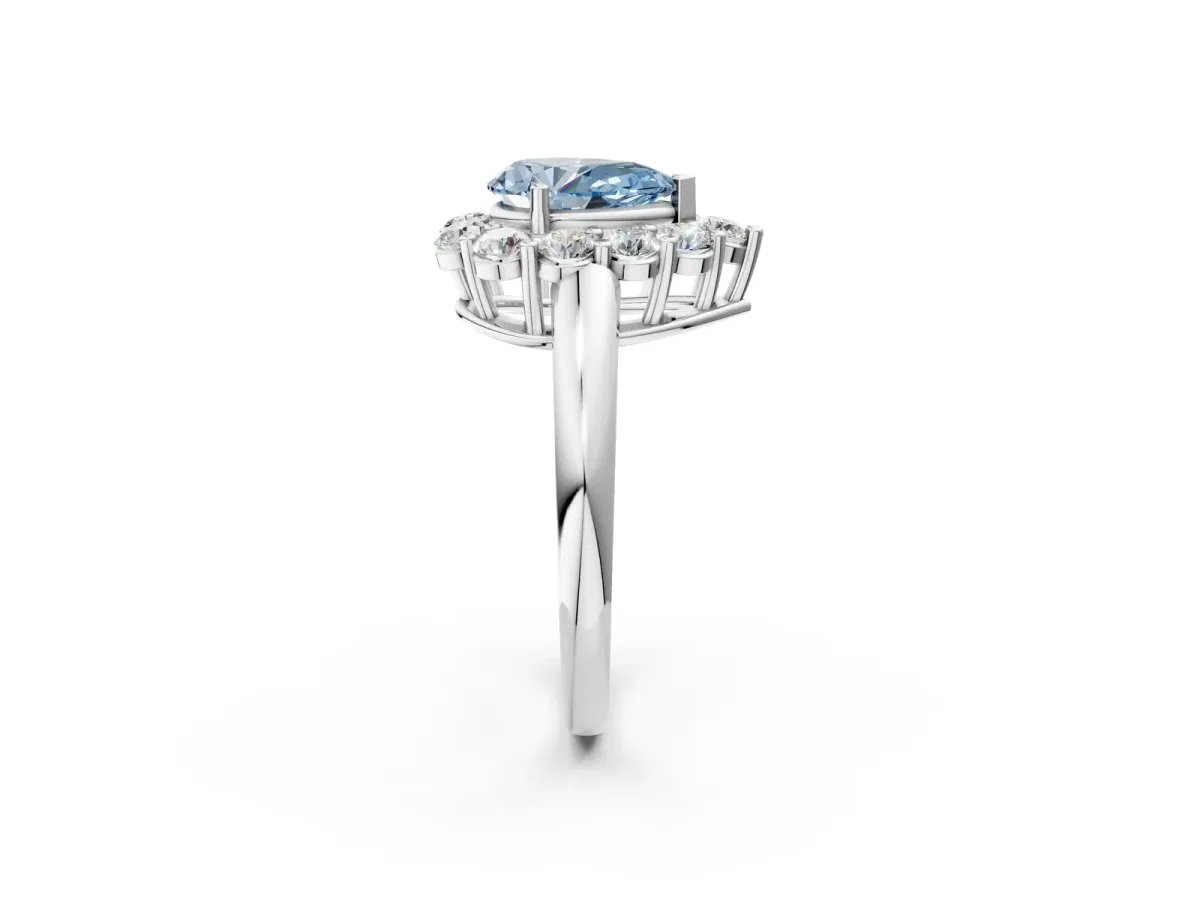 Fancy Blue Pear Cut Halo Cluster Diamond Engagement Ring with Prong Setting and Polished Band White gold