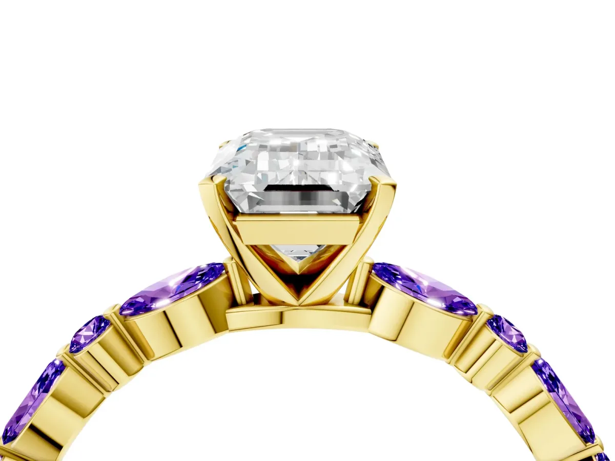 Emerald Cut Diamond Ring with Marquise and Round Tanzanite Side Stones and Four-Prong Setting Yellow gold