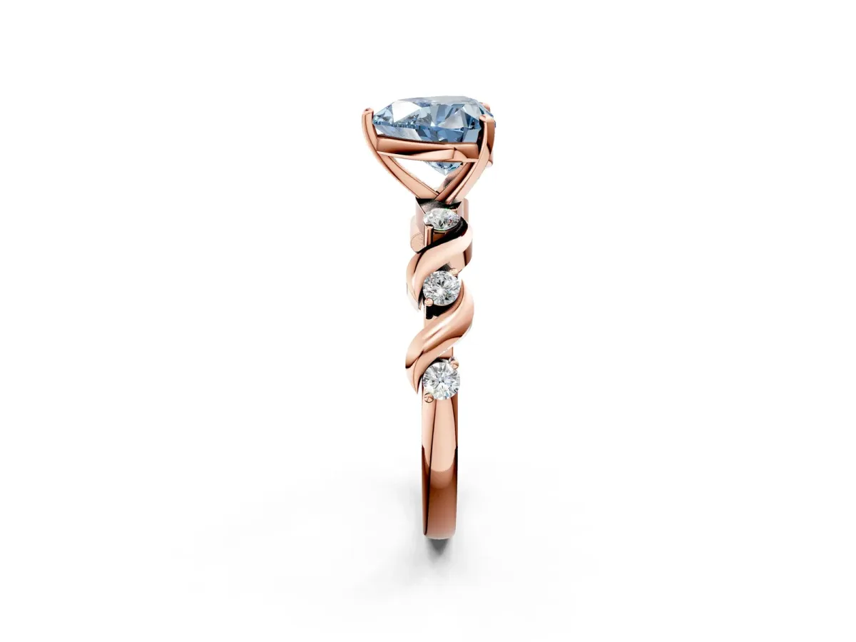 Fancy Blue Heart Cut Diamond Solitaire Twisted Band with Round Accents and Prong Setting Rose gold