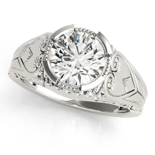 Round Cut Brilliant Solitaire Milgrain Bezel Engagement Ring Silver