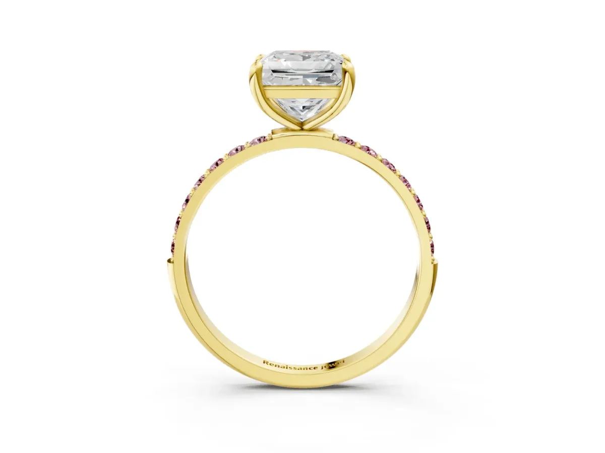 Princess Cut Diamond Solitaire Ring with Round Morganite Pavé Band and Prong Setting Yellow gold