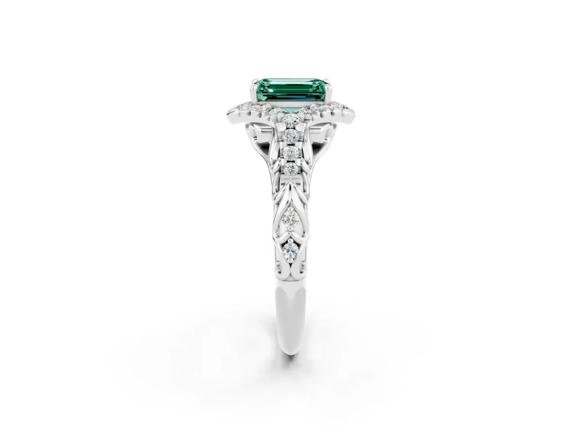 Emerald Cut Green Sapphire Solitaire Ring with Hidden Halo and Pavé Band White gold