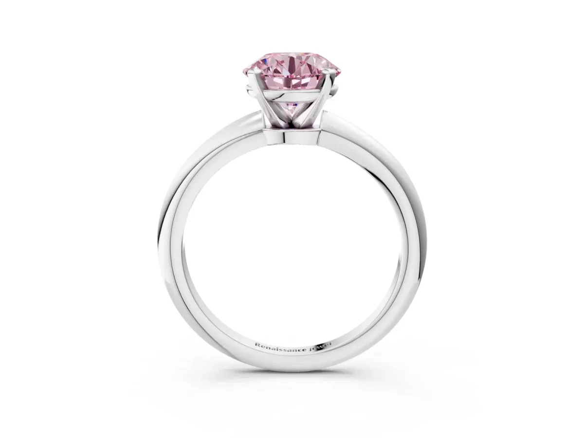 Fancy Pink Round Cut Diamond Solitaire Ring with Six-Prong Setting and Classic Band Silver