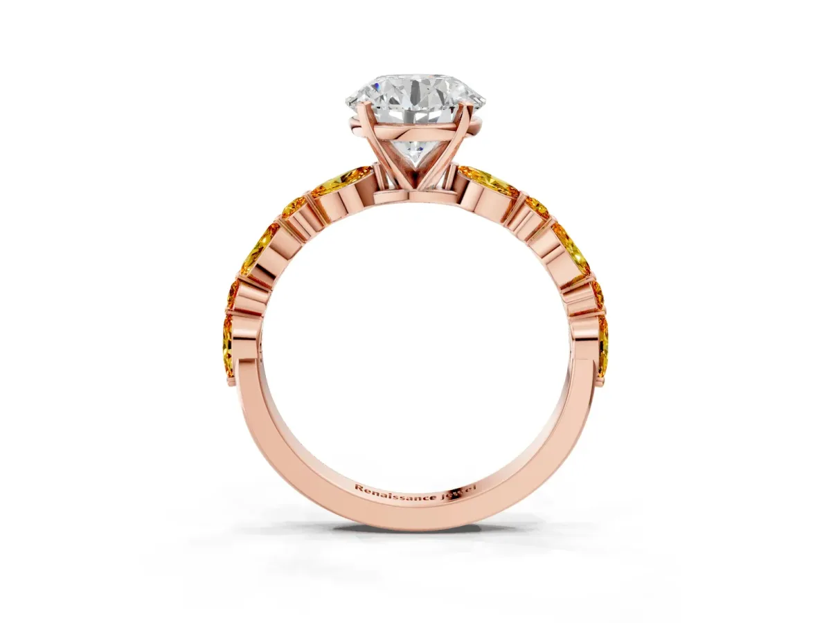 Round Cut Diamond Ring with Marquise and Round Citrine Side Stones and Four-Prong Setting Rose gold