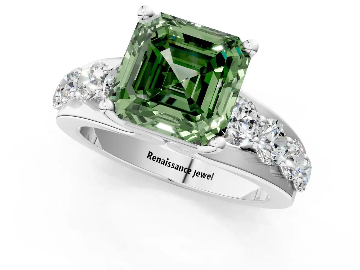 Fancy Green Asscher Cut Brilliant Solitaire with Side Stones on a Pave Band and Four-Prong Setting Platinum