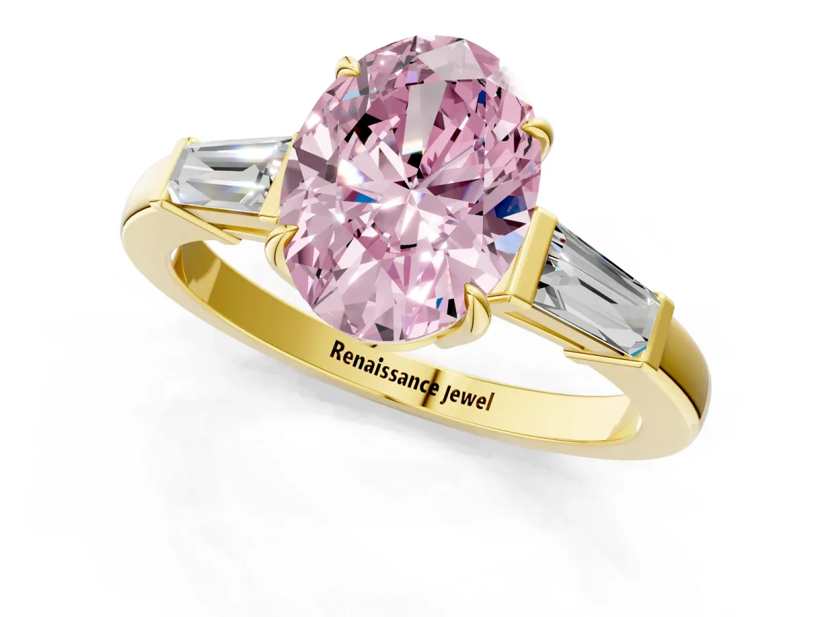 Fancy Pink Oval Cut Diamond Three-Stone Ring with Tapered Baguette Side Stones and Prong Setting Yellow gold