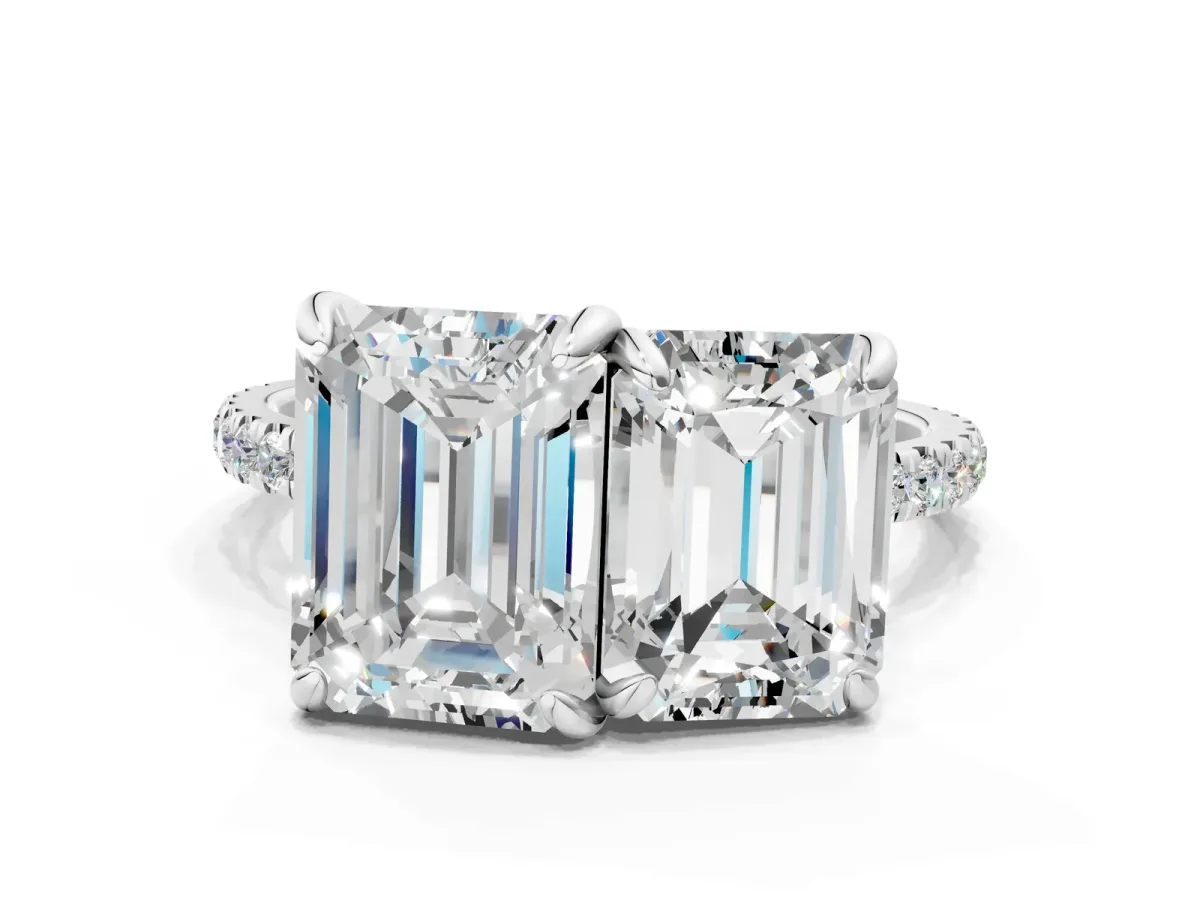 Emerald and Radiant Toi Moi Ring with Prong Setting and Micro Pave Band Silver