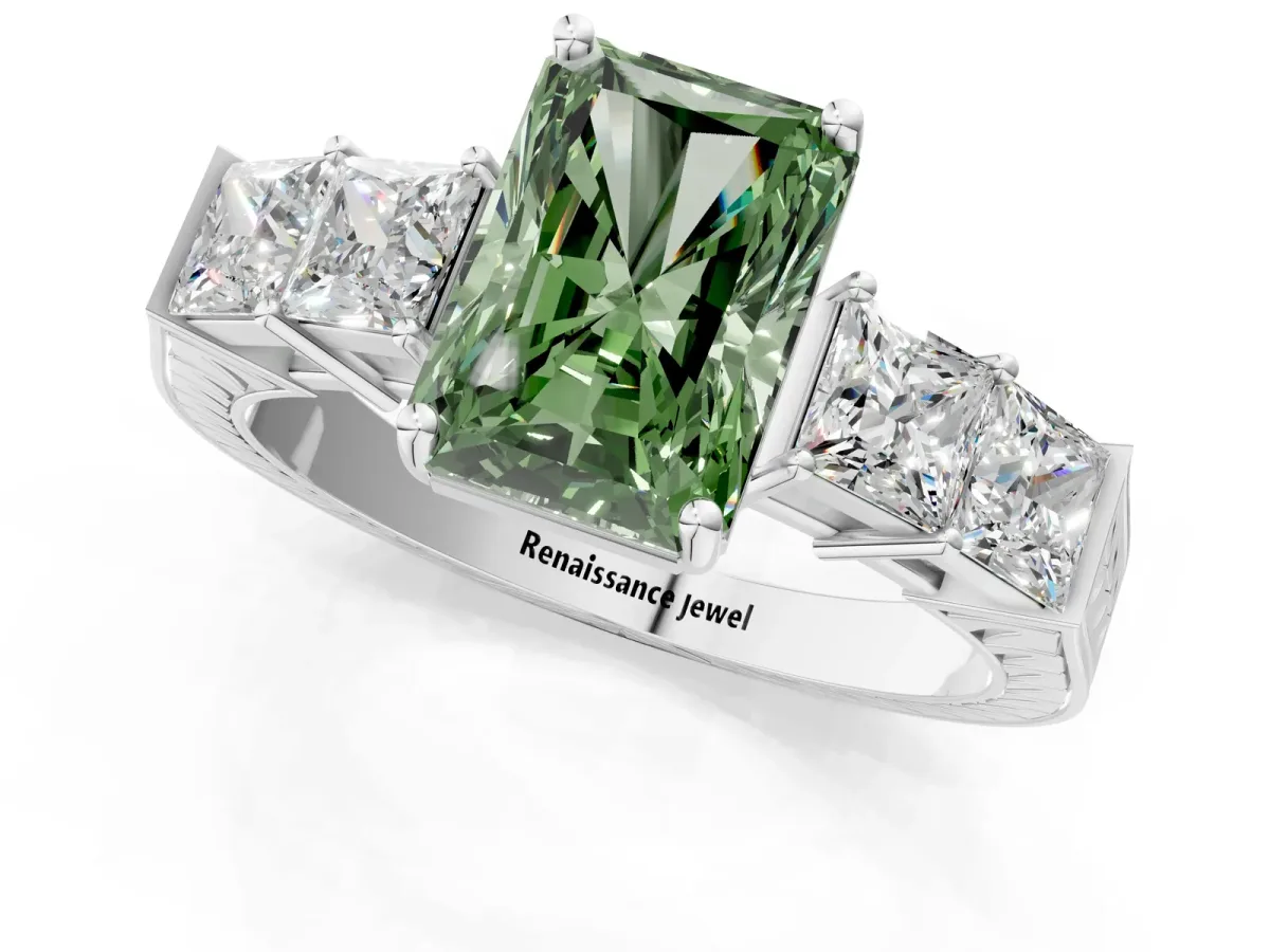 Fancy Green Radiant Cut Solitaire Princess Side Stone Engraved Band Prong Setting Ring Silver