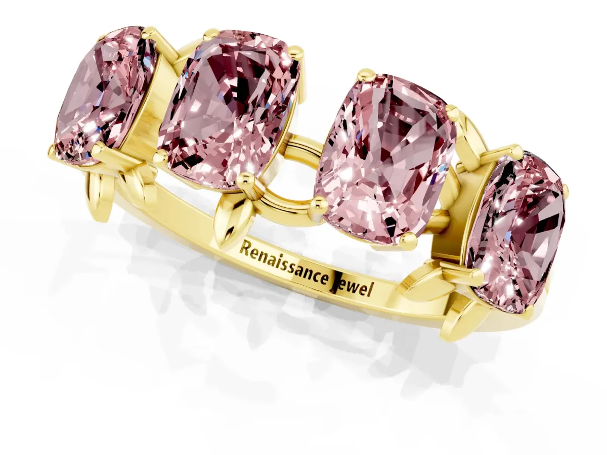 Four-Stone Elongated Cushion Morganite Band with Nature-Inspired Prong Setting Yellow gold
