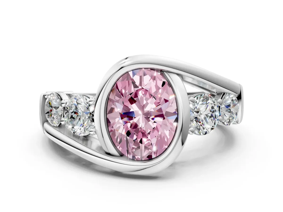Fancy Pink Bezel Set Oval Cut Diamond Bypass Ring with Round Accents Silver