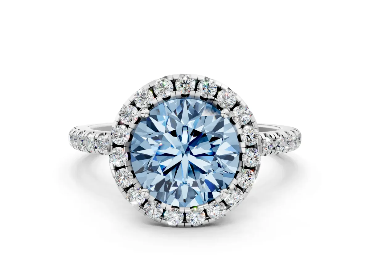 Fancy Blue Round Cut Diamond Halo Ring with Round Pavé Band and Prong Setting Platinum