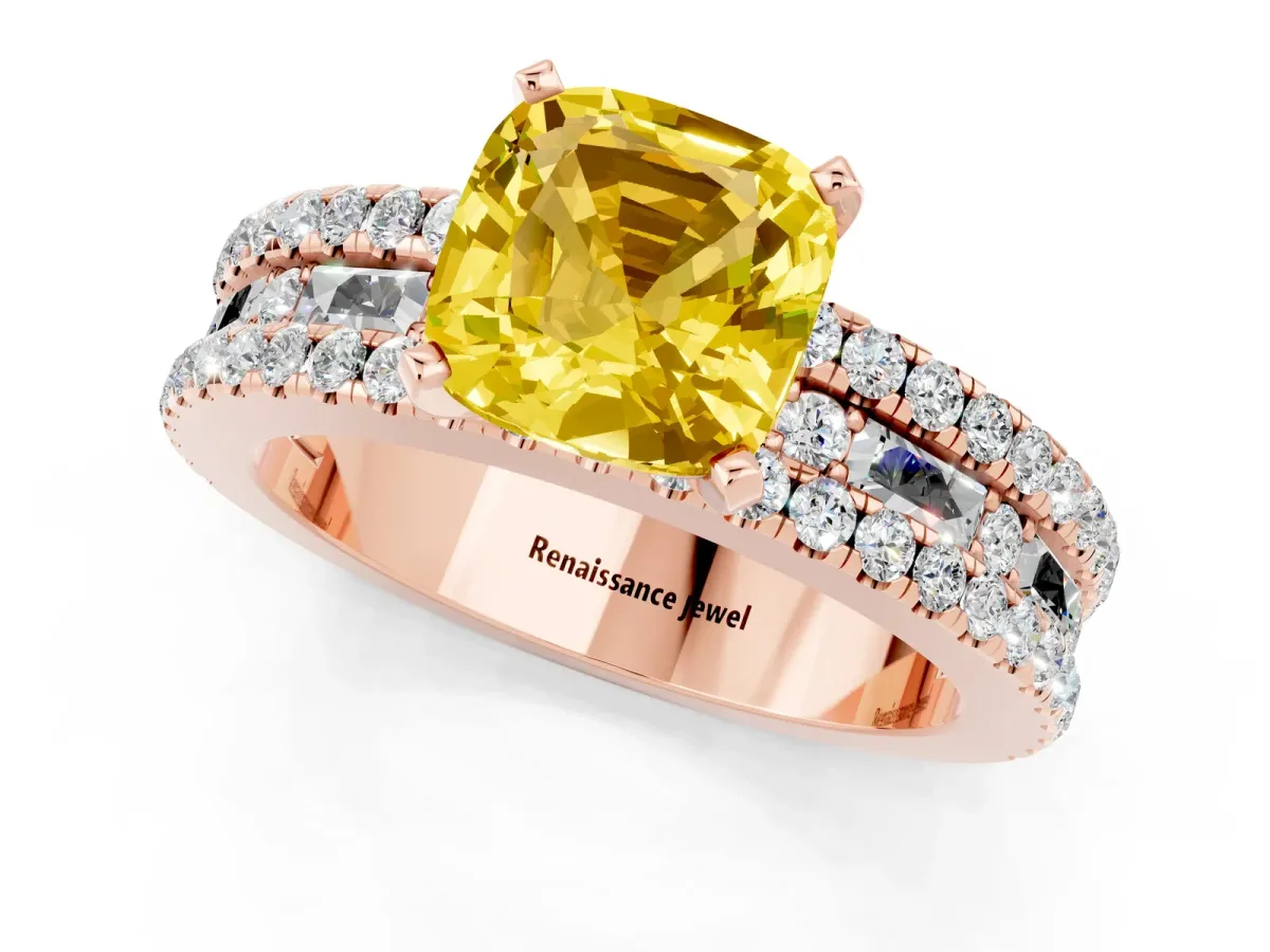 Cushion Cut Yellow Sapphire Solitaire Ring with Pavé and Channel Set Band Rose gold
