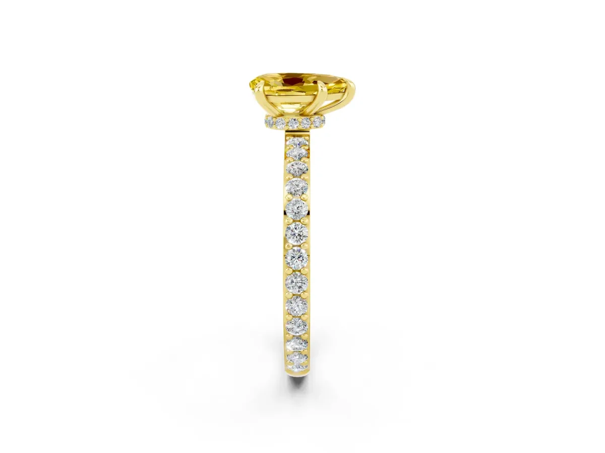 Pear Cut Yellow Sapphire Solitaire Engagement Ring with Pavé Band and Four-Prong Setting Yellow gold