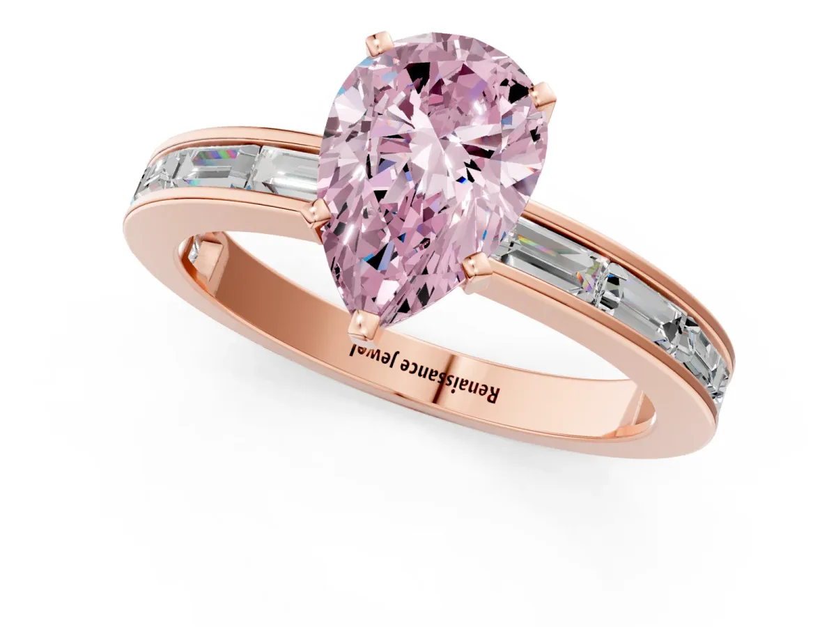 Fancy Pink Pear Cut Solitaire Diamond Ring with Channel-Set Baguette Band and Four-Prong Setting Rose gold