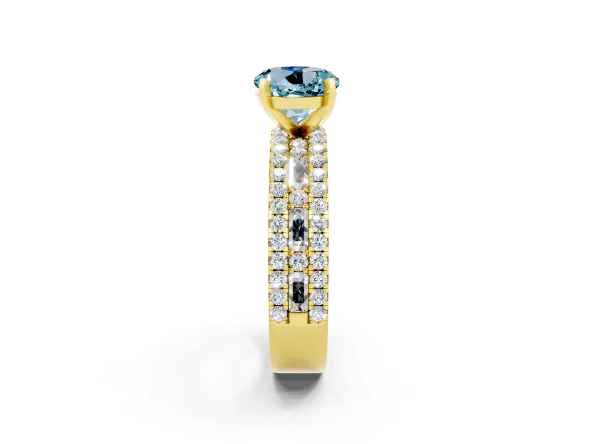 Round Cut Aquamarine Solitaire Ring with Pavé and Channel Set Band Yellow gold
