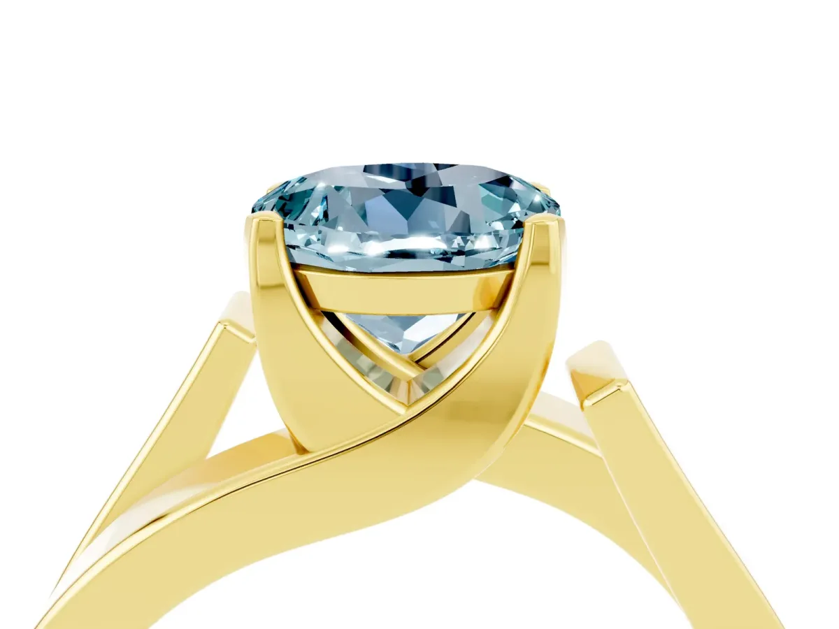 Modern Tension Set Round Cut Aquamarine Solitaire Wide Band Ring Yellow gold