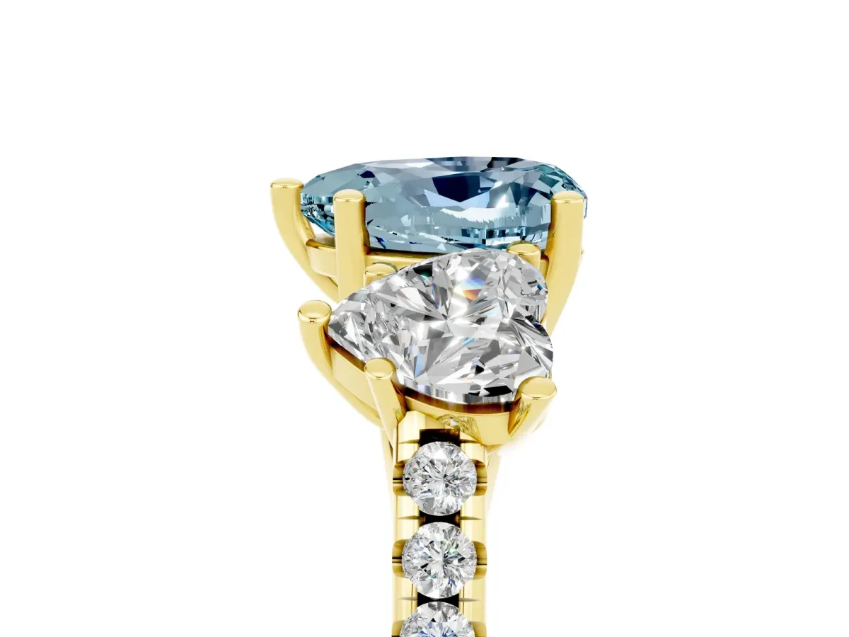Three-Stone Heart Cut Aquamarine Ring with Round Pavé Band and Prong Setting Yellow gold