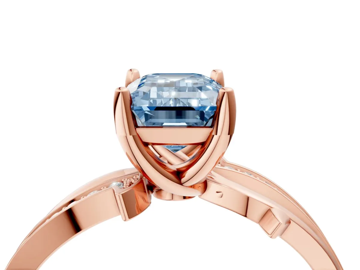 Fancy Blue Emerald Cut Solitaire Twist Band with Pavé Accents and Four-Prong Setting Rose gold