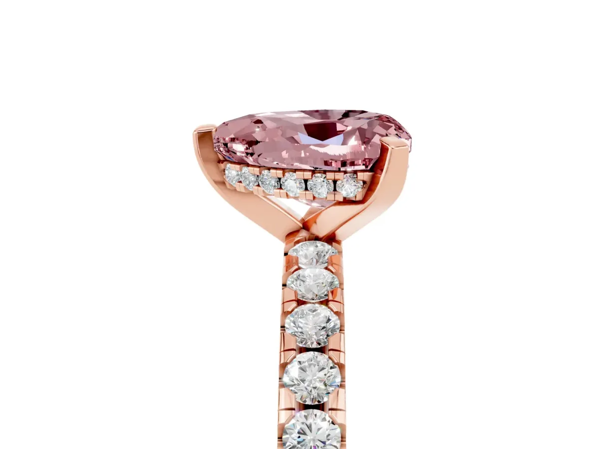 Heart Cut Morganite Solitaire Ring with Round Pavé Band and Four-Prong Setting Rose gold