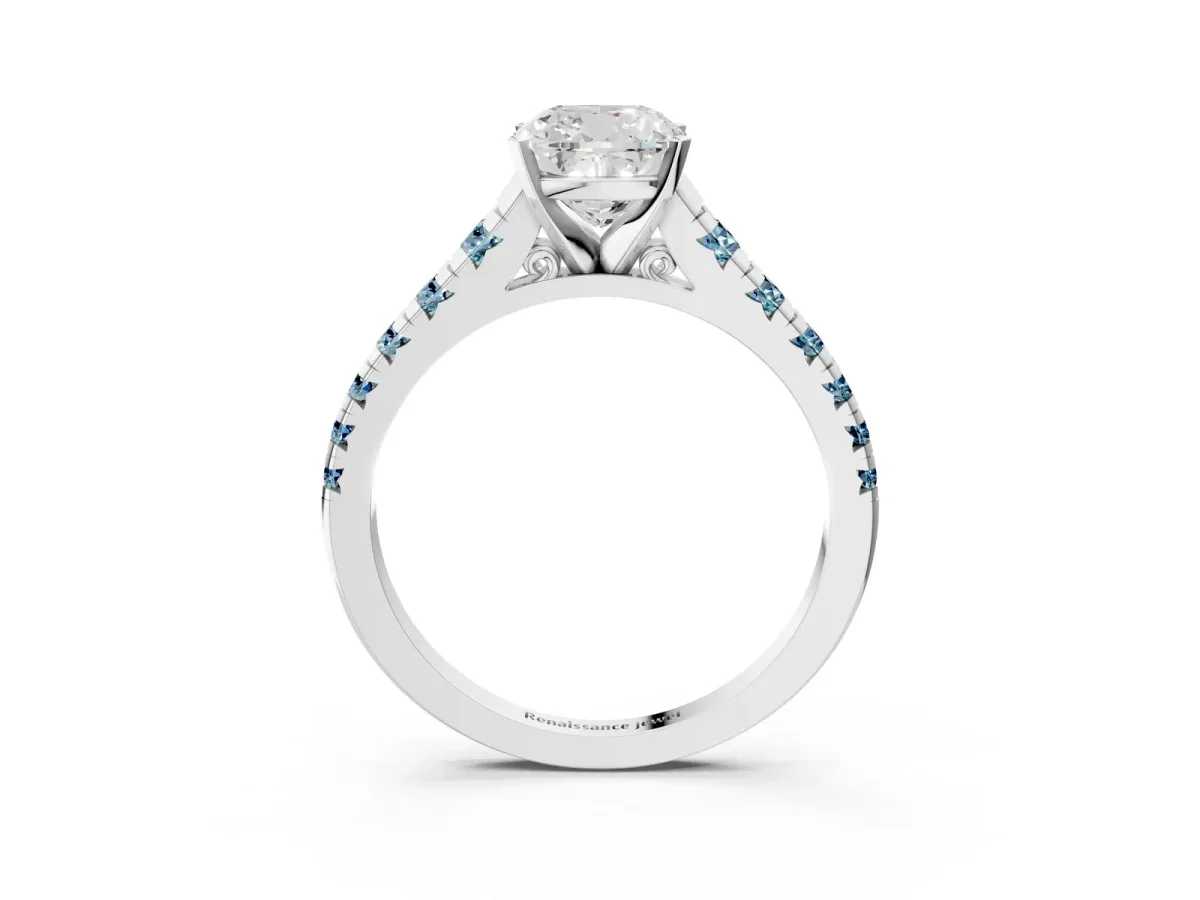 Cushion Cut Diamond Cathedral Solitaire Ring with Round Aquamarine Pavé Band White gold