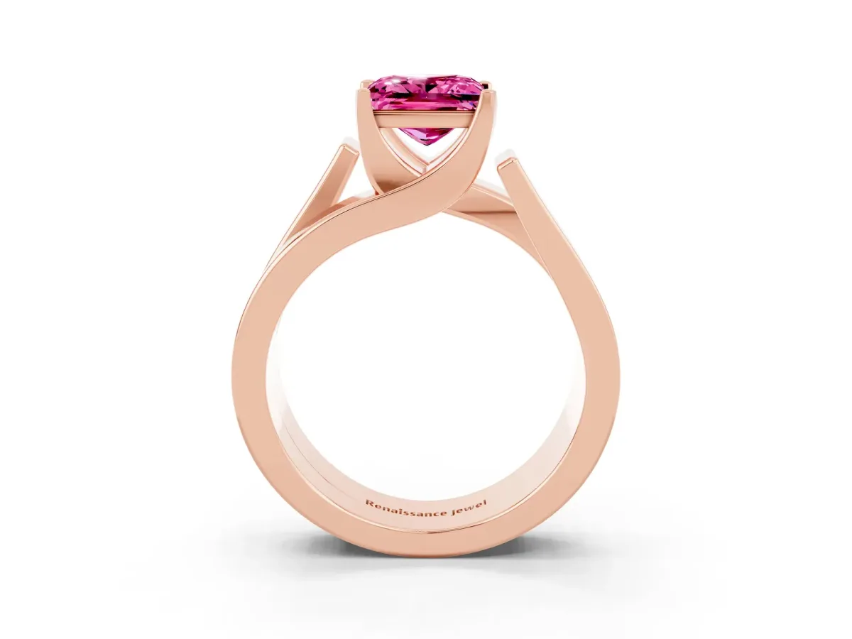 Modern Tension Set Princess Cut Pink Sapphire Solitaire Wide Band Ring Rose gold