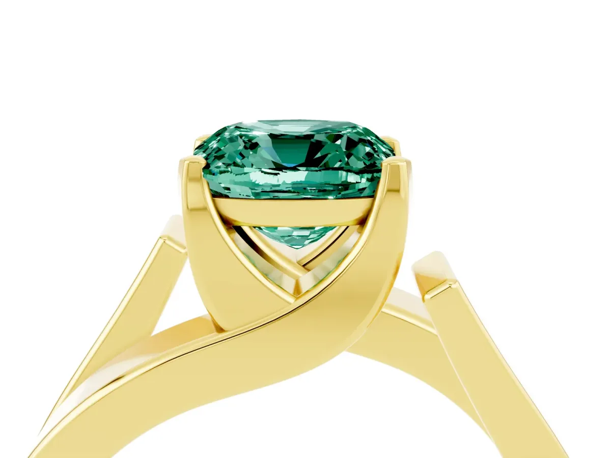 Modern Tension Set Cushion Cut Green Sapphire Solitaire Wide Band Ring Yellow gold