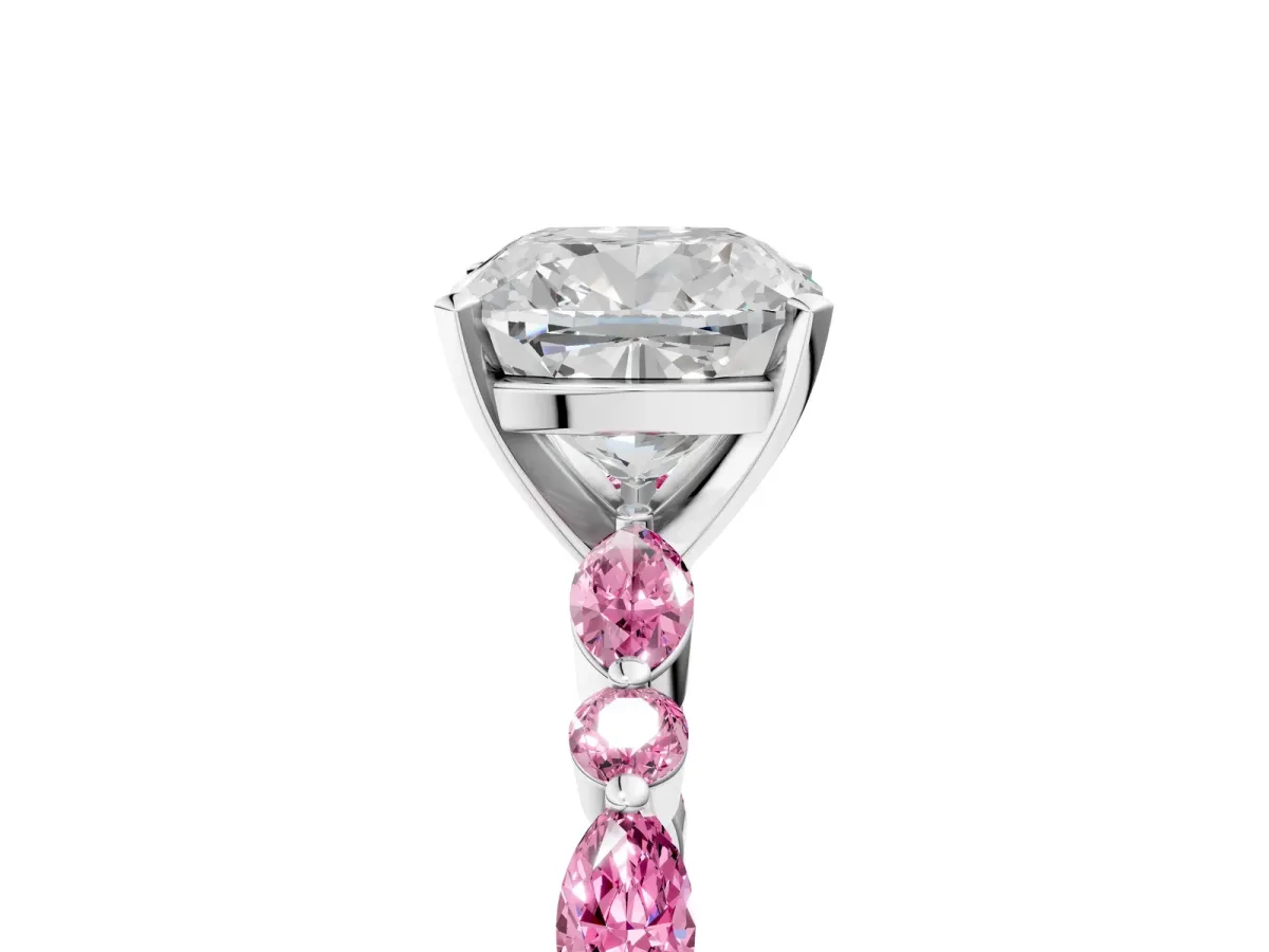 Cushion Cut Diamond Ring with Marquise and Round Pink Sapphire Side Stones and Four-Prong Setting Platinum