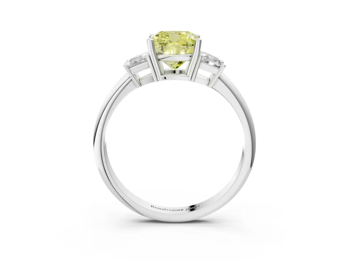 Fancy Yellow Cushion Cut Diamond Three-Stone Ring with Trapezoid Side Stones and Prong Setting Platinum