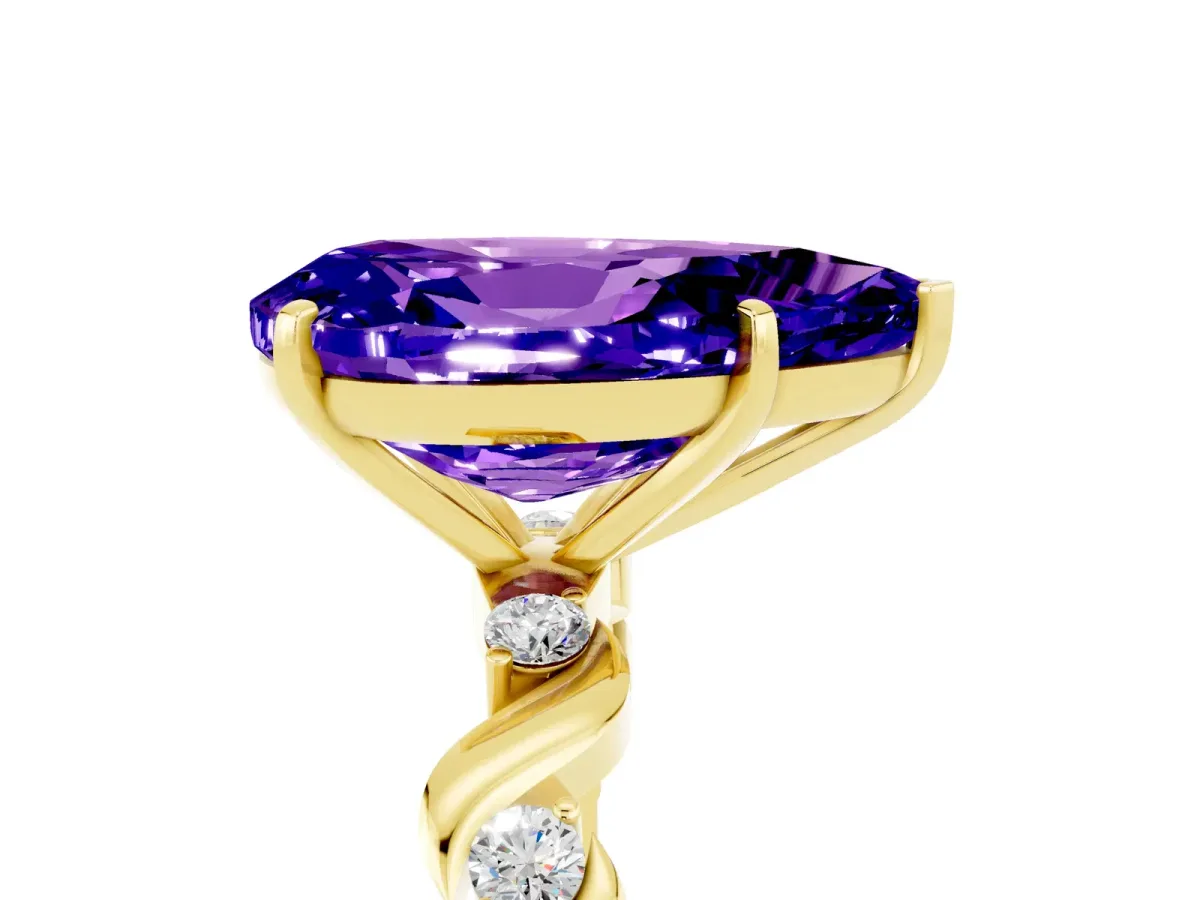 Pear Cut Tanzanite Solitaire Twisted Band with Round Accents and Prong Setting Yellow gold