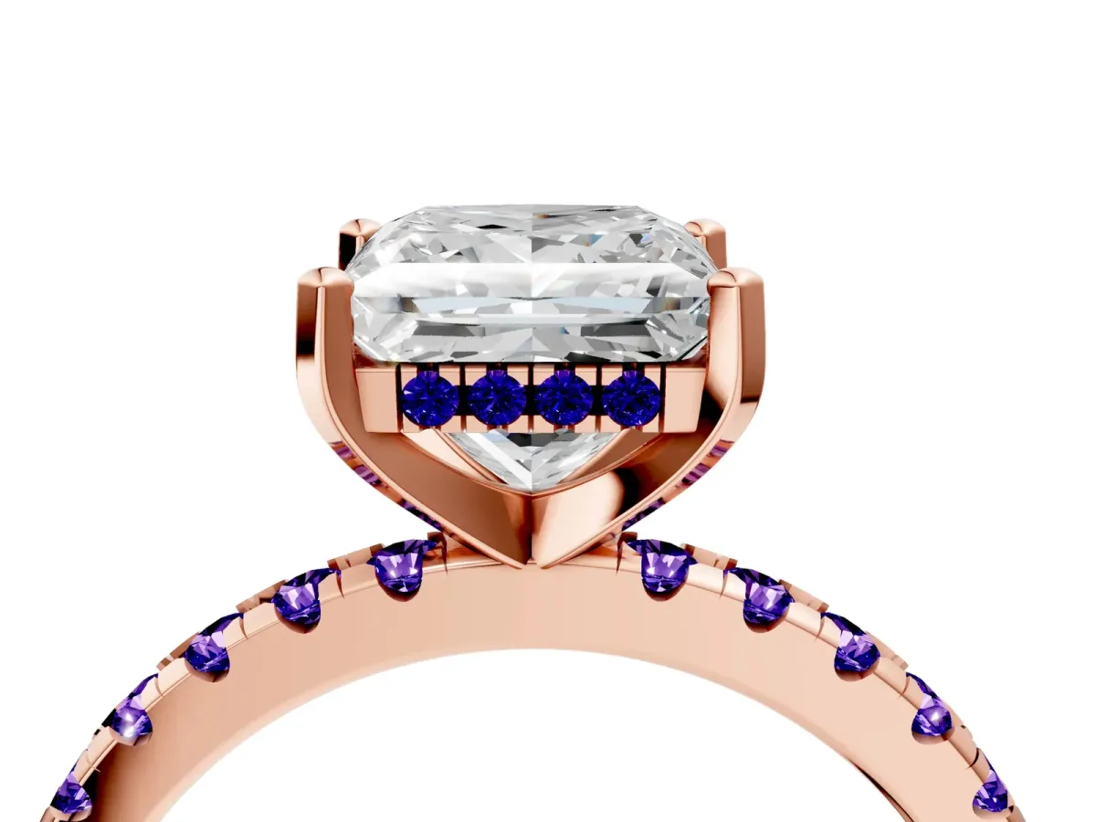 Princess Cut Diamond Solitaire Ring with Round Tanzanite Pavé Band and Four-Prong Setting Rose gold