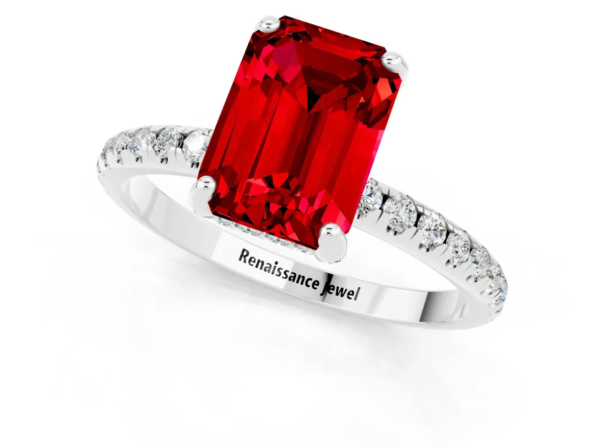 Emerald Cut Ruby Hidden Halo Engagement Ring with Round Pavé Band and Prong Setting Silver