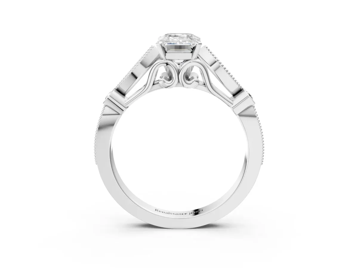 Emerald Cut Cut Diamond with Milgrain Marquise and Bezel Accents on a Solitaire Band with Prong Setting Platinum