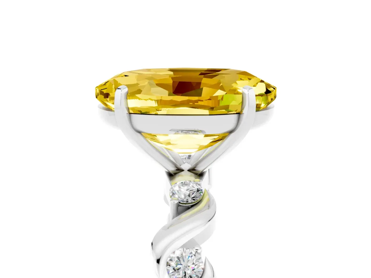 Oval Cut Yellow Sapphire Solitaire Twisted Band with Round Accents and Prong Setting White gold