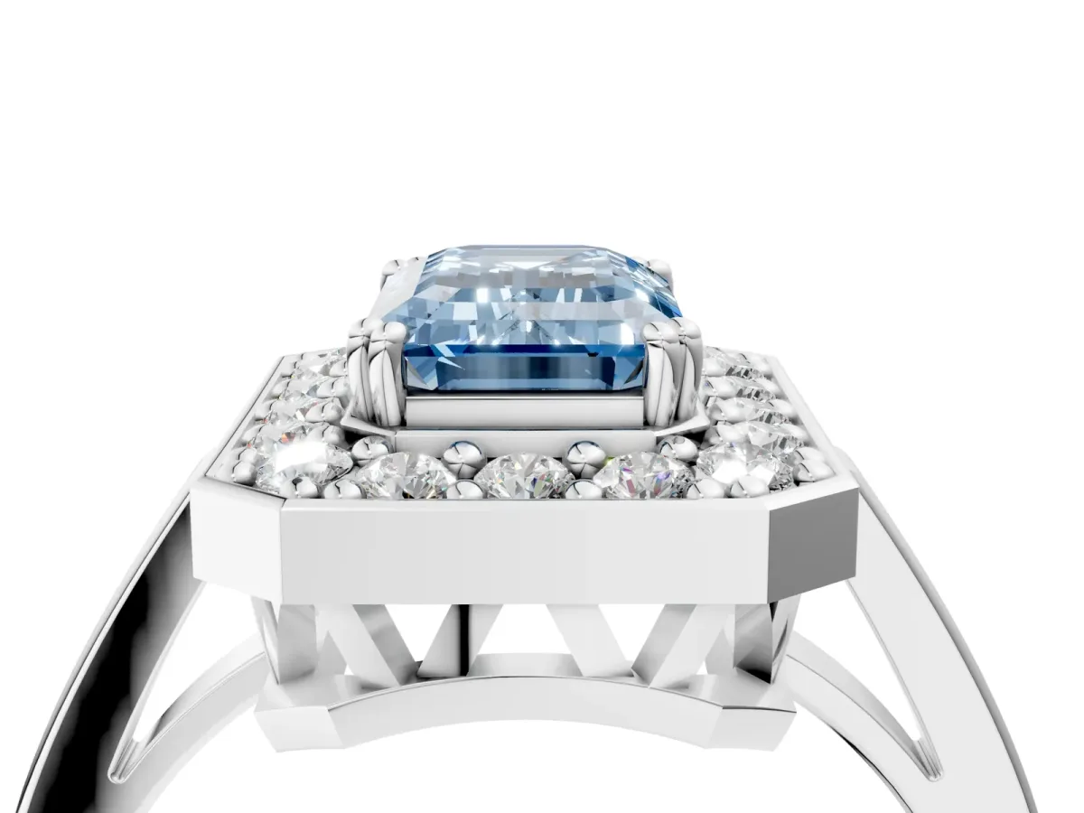 Fancy Blue Emerald Cut Diamond Halo Ring with Split Shank and Four-Prong Setting White gold