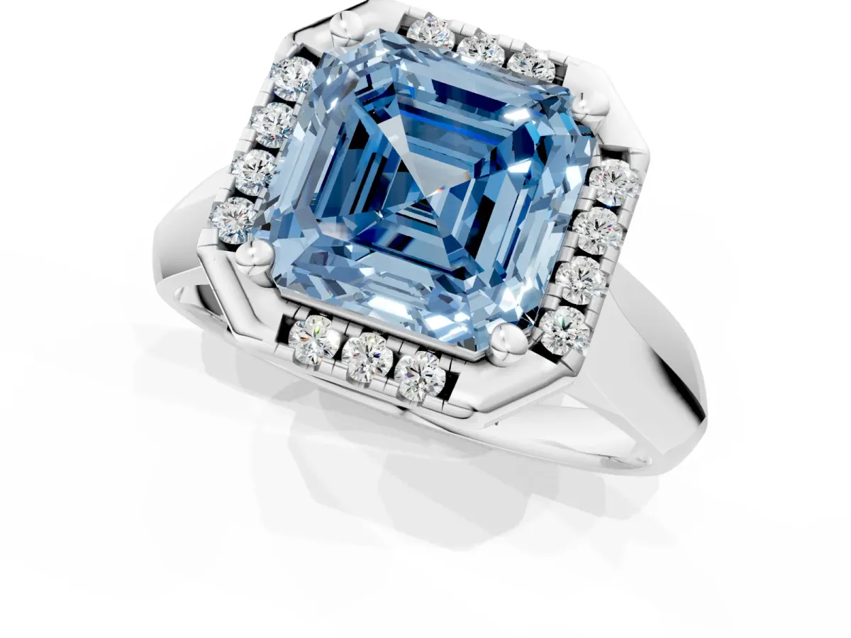 Fancy Blue Asscher Cut Cut Halo Solitaire Engagement Ring with Square Band and Four-Prong Setting White gold