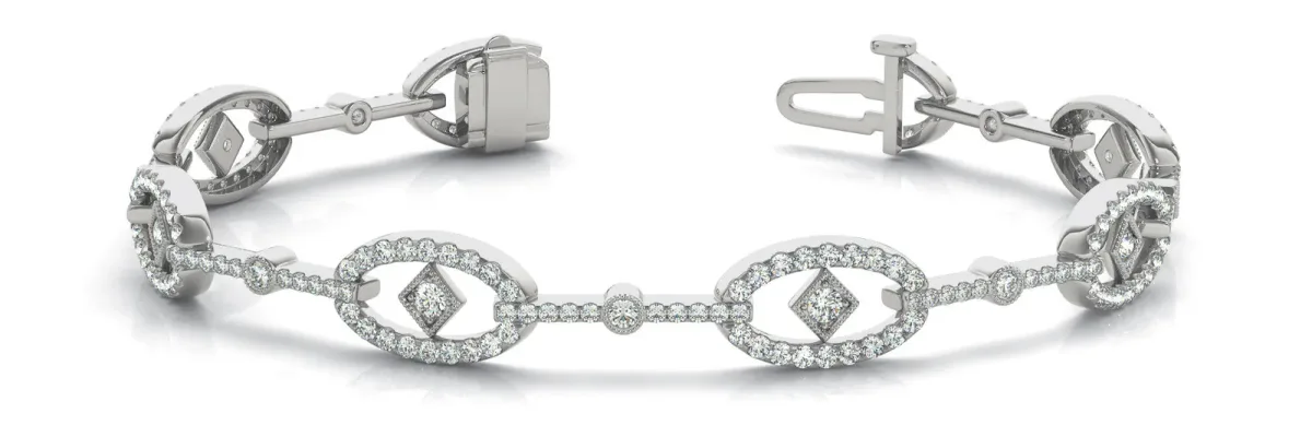 Pavé Diamond Oval Link Bracelet with Round Brilliant Cut Stones and Four-Prong Setting White gold