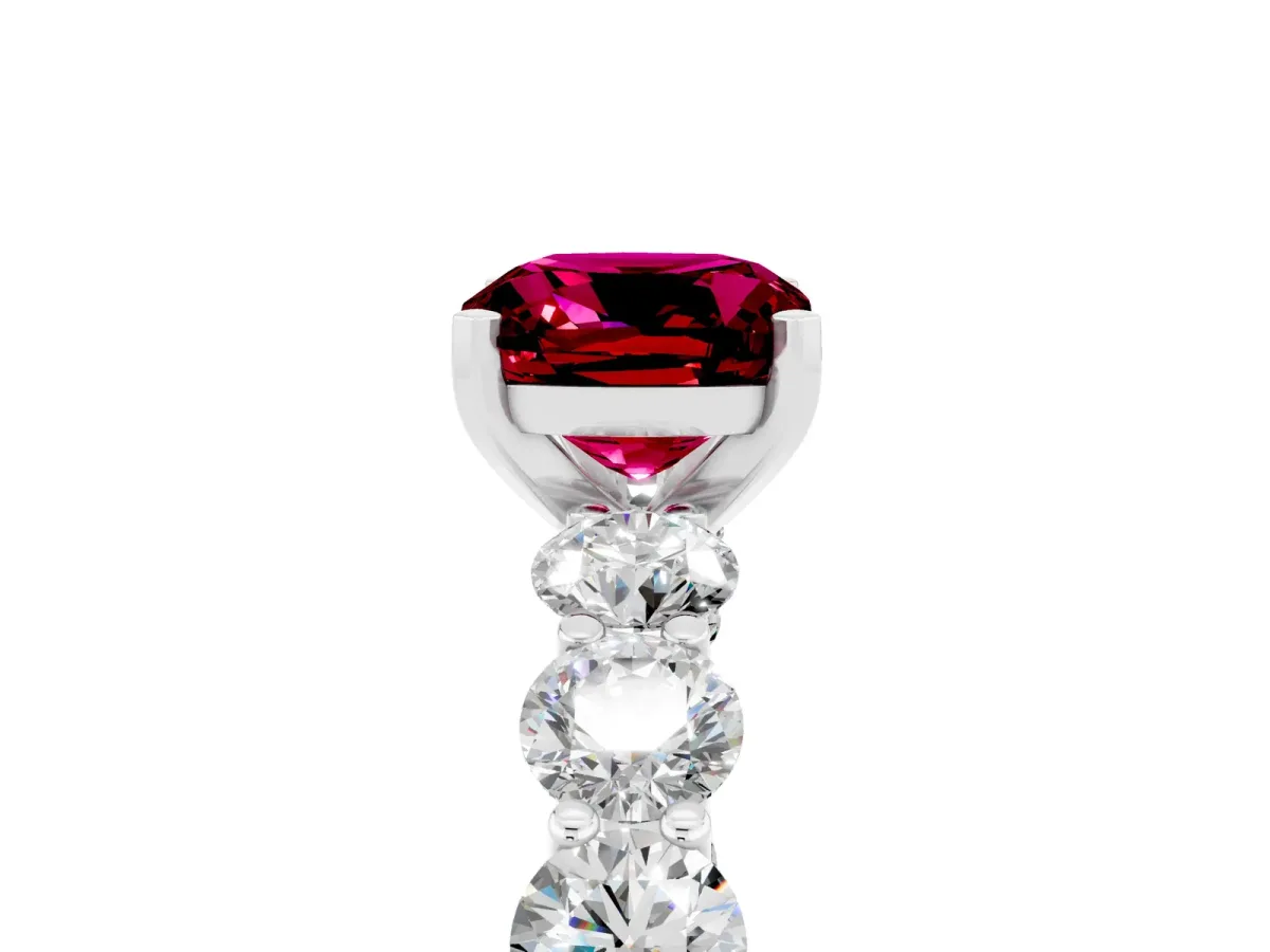 Cushion Cut Garnet Prong Setting with Side Stones on a Pave Band Silver