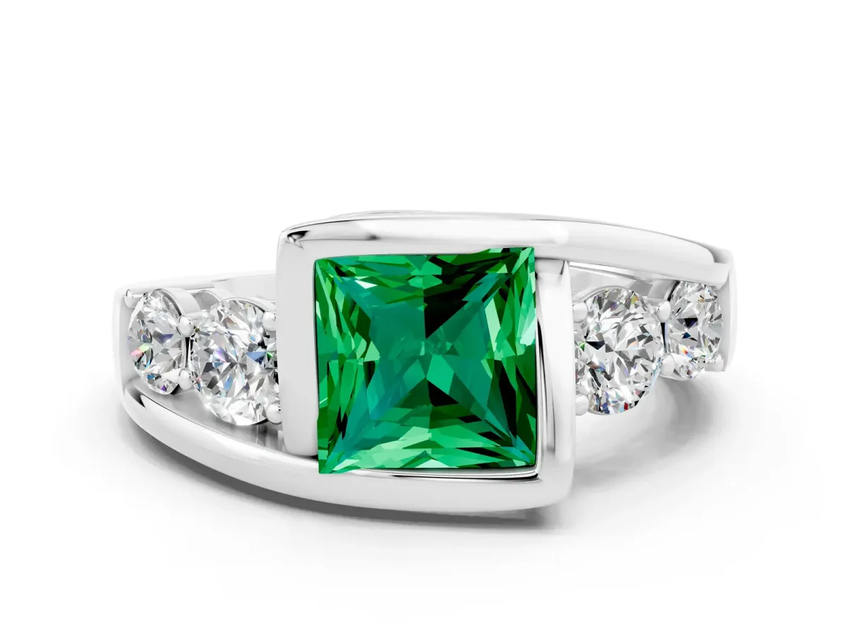 Bezel Set Princess Cut Emerald Bypass Ring with Round Accents Silver